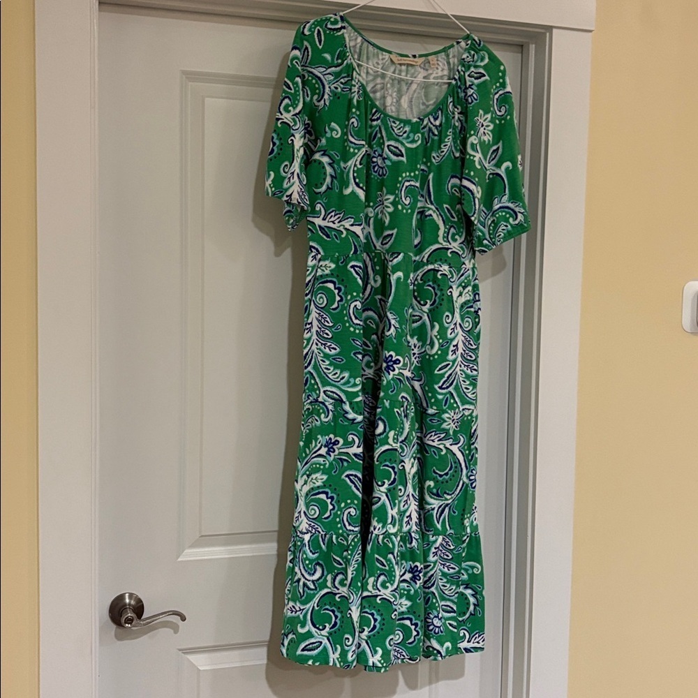 Soft Surroundings Small Maxi Dress. Green, Blue, White cotton tiered